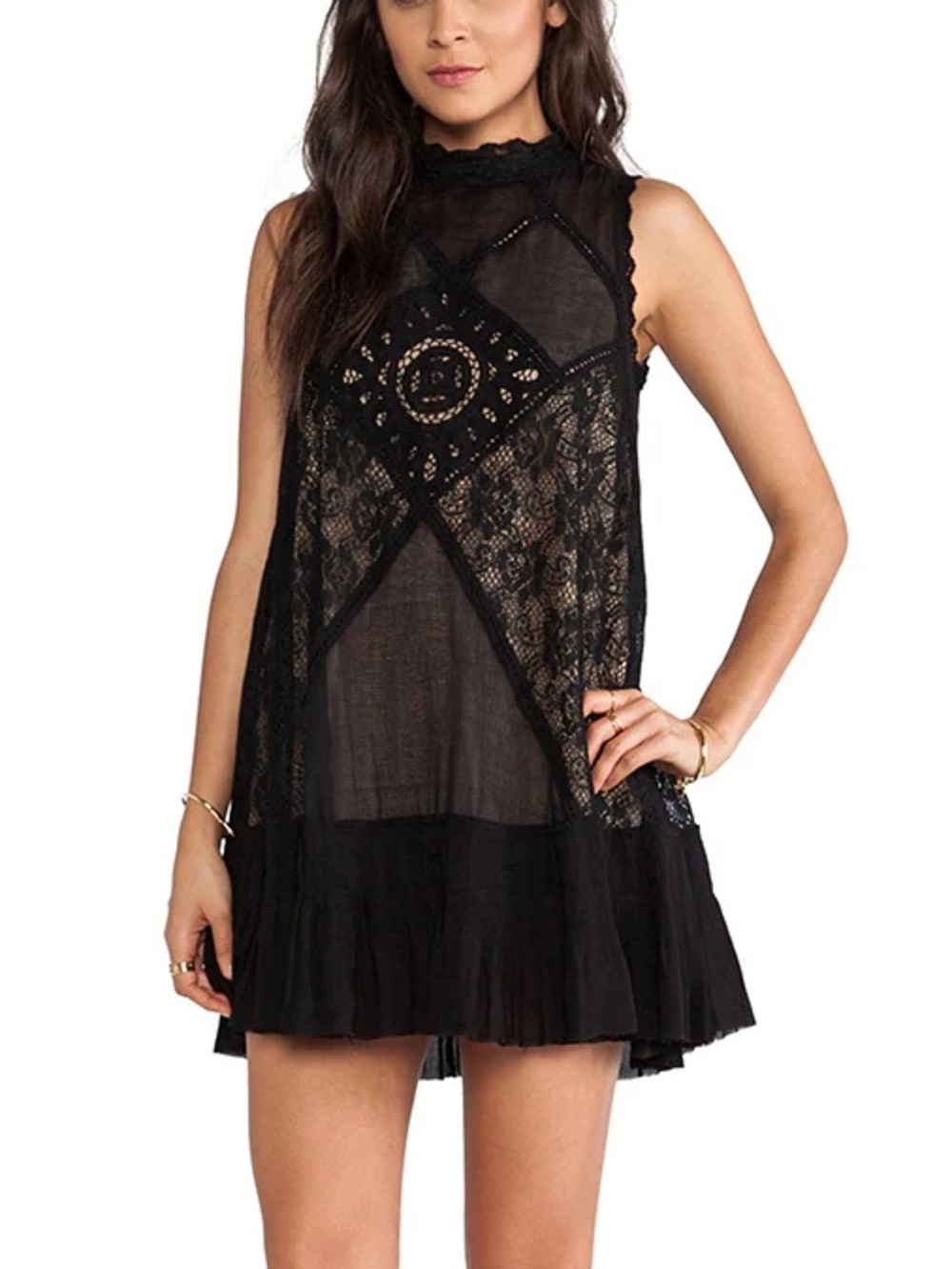 Free People Black Distressed Angel Lace Cotton Dress